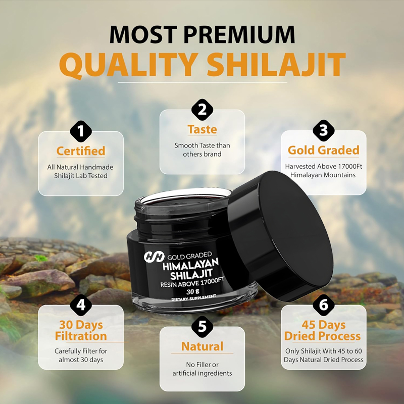 Shilajit Resin Pure - 純ヒマラヤ産シラジット樹脂、自然乾燥、ゴールドグレード、85種類以上の必須ミネラル含有、フミン酸とフミン酸が豊富