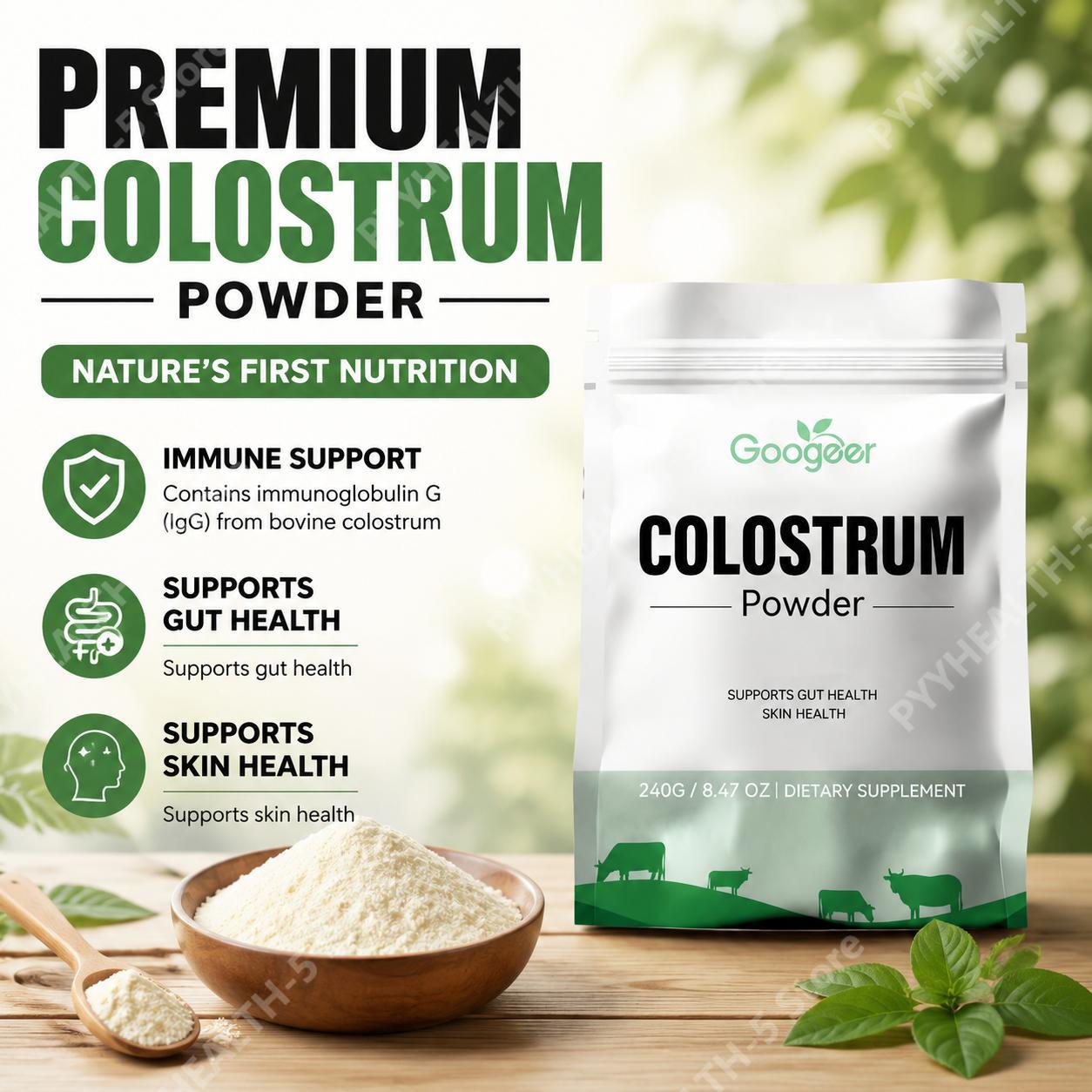 Colostrum Bovine Powder - グーガー初乳粉末は、腸内環境と肌の健康をサポートし、免疫サポート、免疫グロブリンG、ラクトフェリン、PRPを含みます。240g。