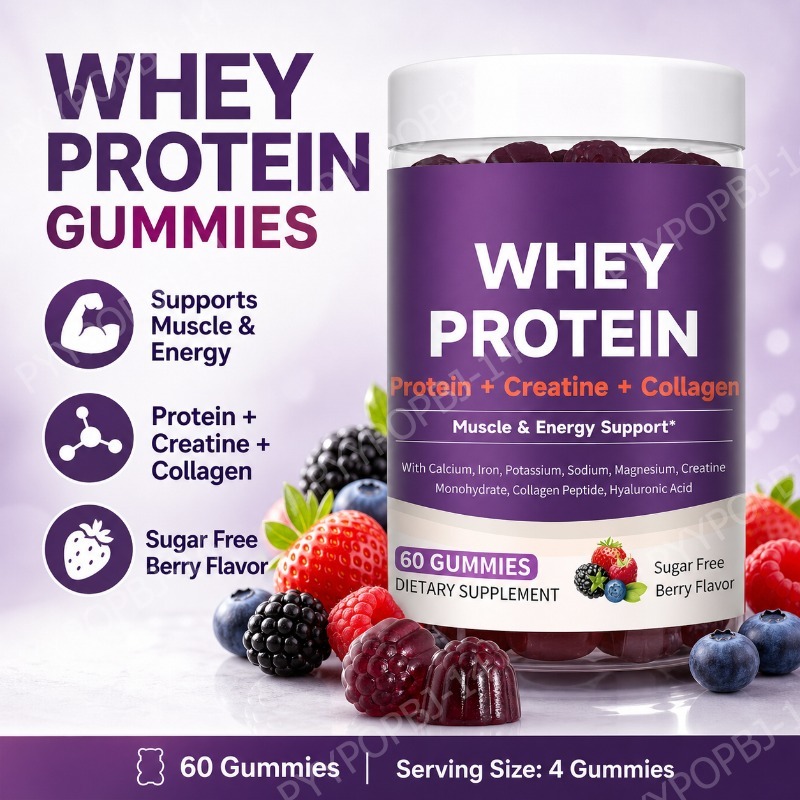 Nutrition Fitness Supplements - プロテイングミ（ホエイ、クレアチン、コラーゲン配合）12gプロテイン、筋肉サポート、エネルギー補給、砂糖不使用、フィットネスサプリメント、60粒入り